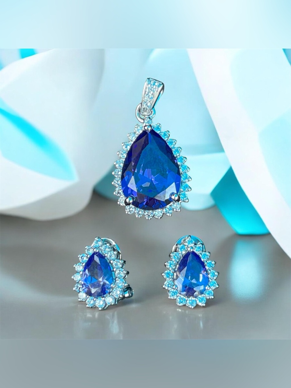 Radiant Blue Teardrop Pendant and Earrings Set